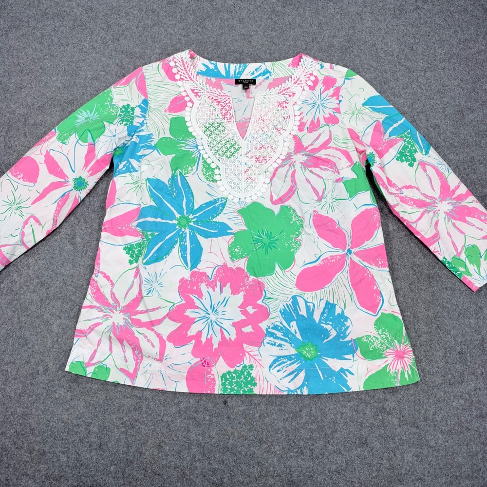 Talbots Petites Floral Tunic Top Pink Green Blue Crochet Lace Neck Cotton SP